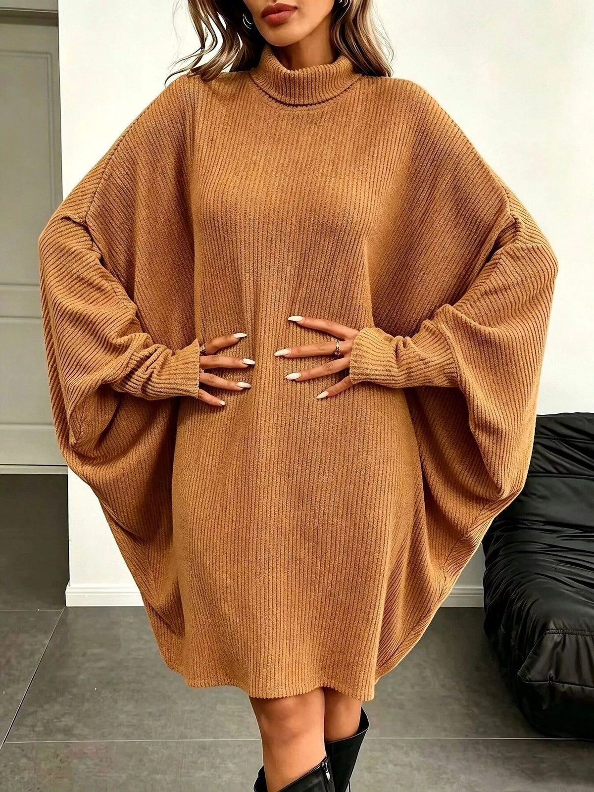Oversized Batwing Sleeve Ribbed Knit Turtleneck Dress - Lilixa.store