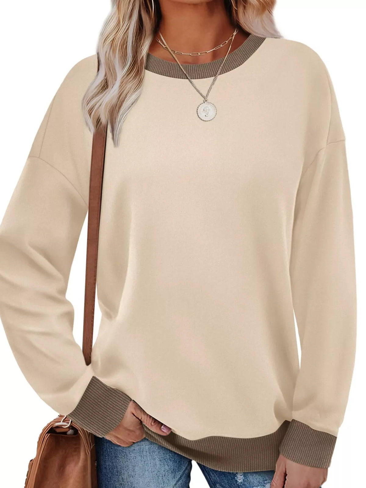 Contrast Trim Crew Neck Casual Sweatshirt - Lilixa.store