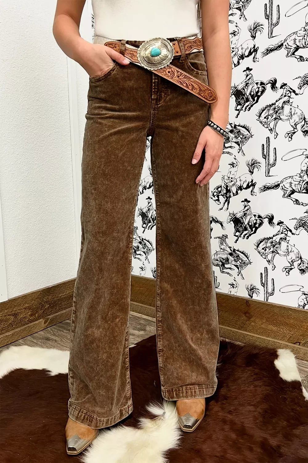 Straight Leg Corduroy Metal Button Zip-up Pants