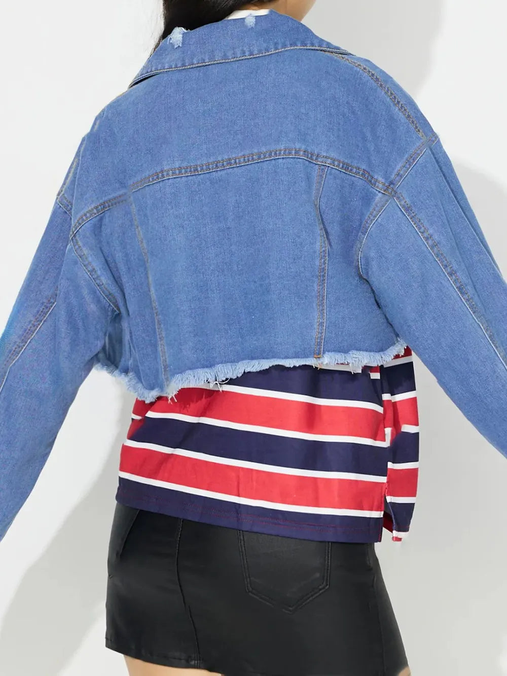 Raw Hem Collared Neck Cropped Denim Top - Lilixa.store