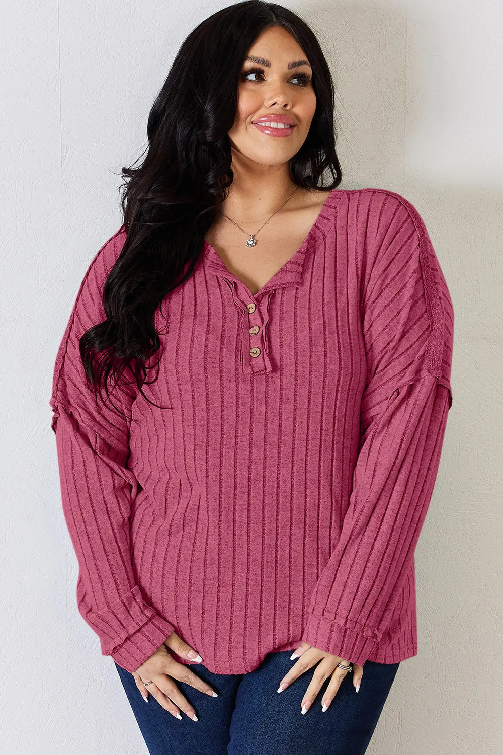 Basic Bae Full Size Ribbed Half Button Long Sleeve T-Shirt - Lilixa.store
