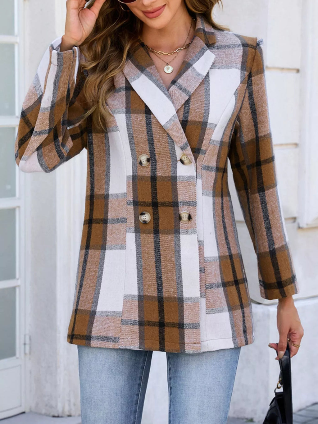 Plaid Double-Breasted Blazer - Lilixa.store