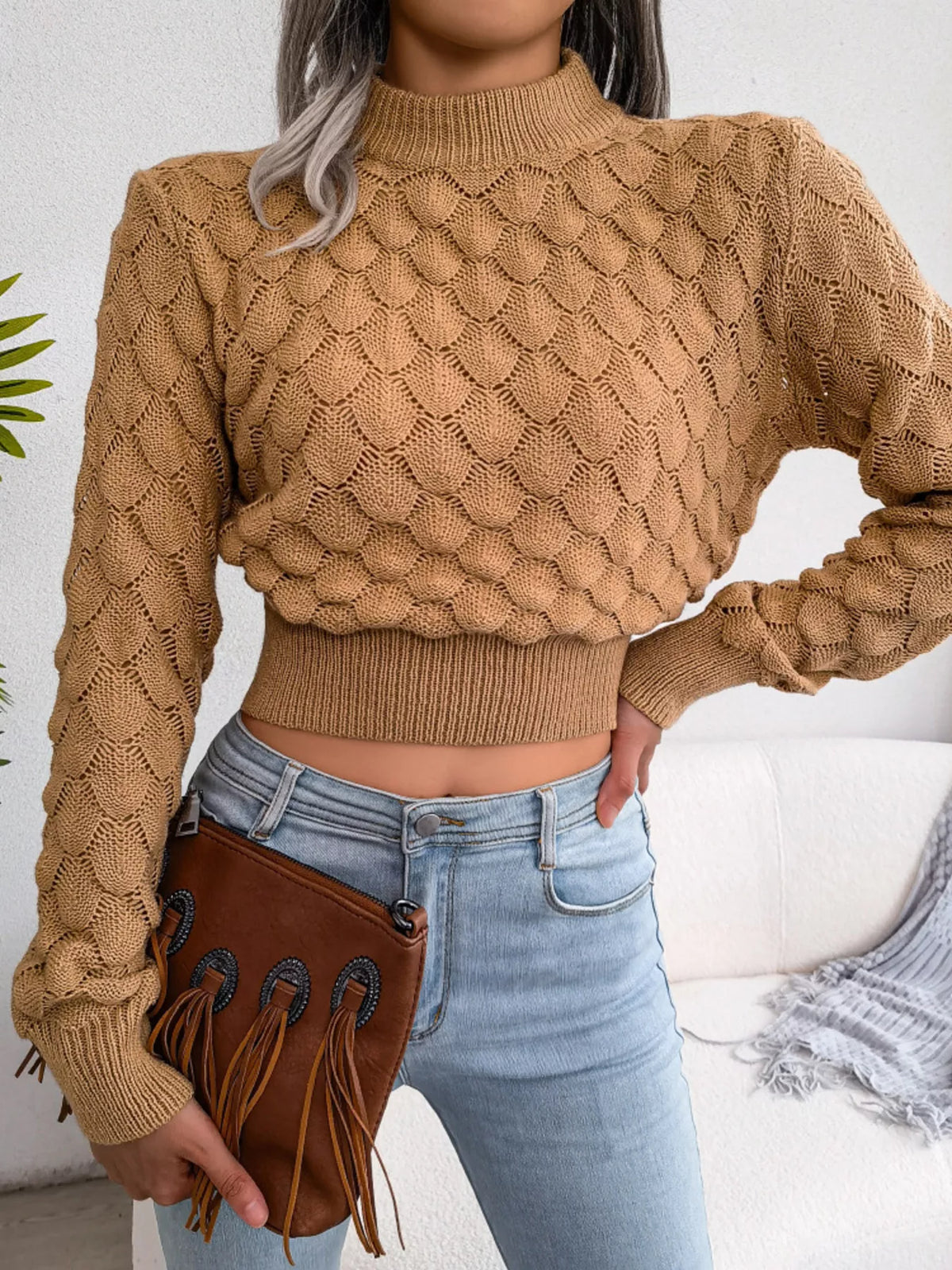 Mock Neck Textured Cropped Sweater