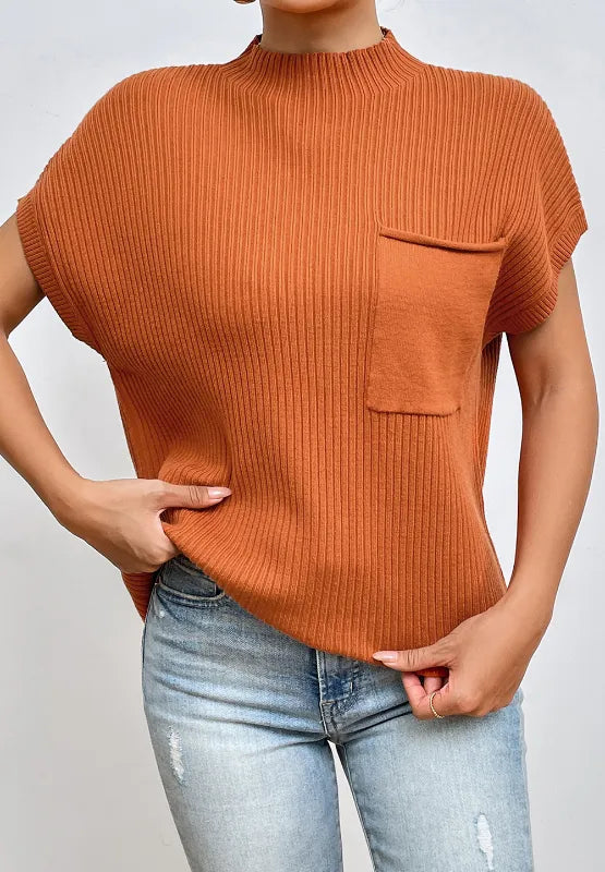 Mock Neck Sweater Vest with Chest Pocket in Caramel