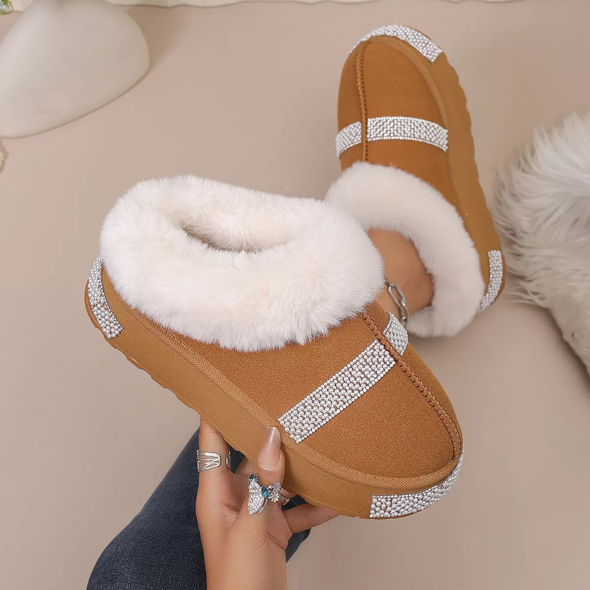 Rhinestone Embellished Faux Fur Lined Platform Boots - Lilixa.store