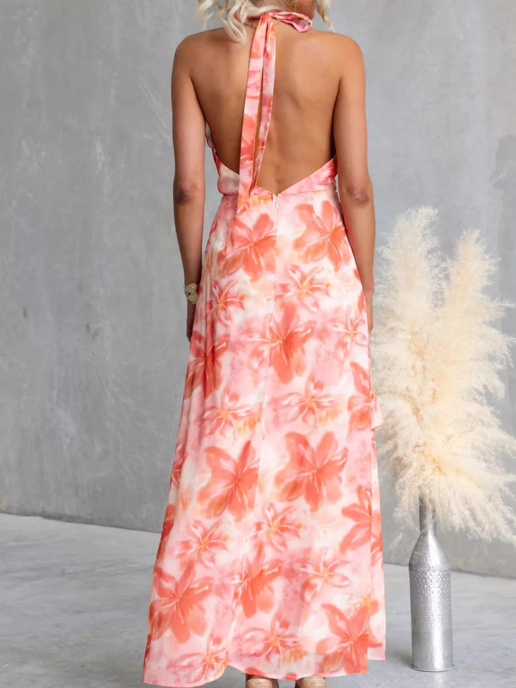 Floral Print Ruffle Halter Neck Maxi Dress - Lilixa.store
