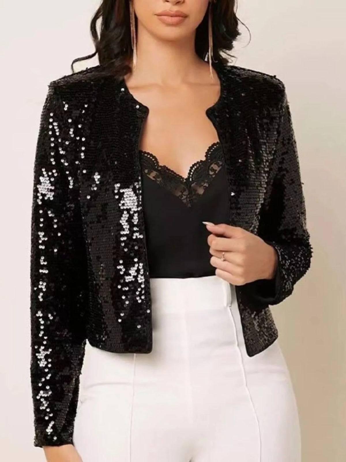 Full Size Sequin Long Sleeve Jacket Plus Size in Black