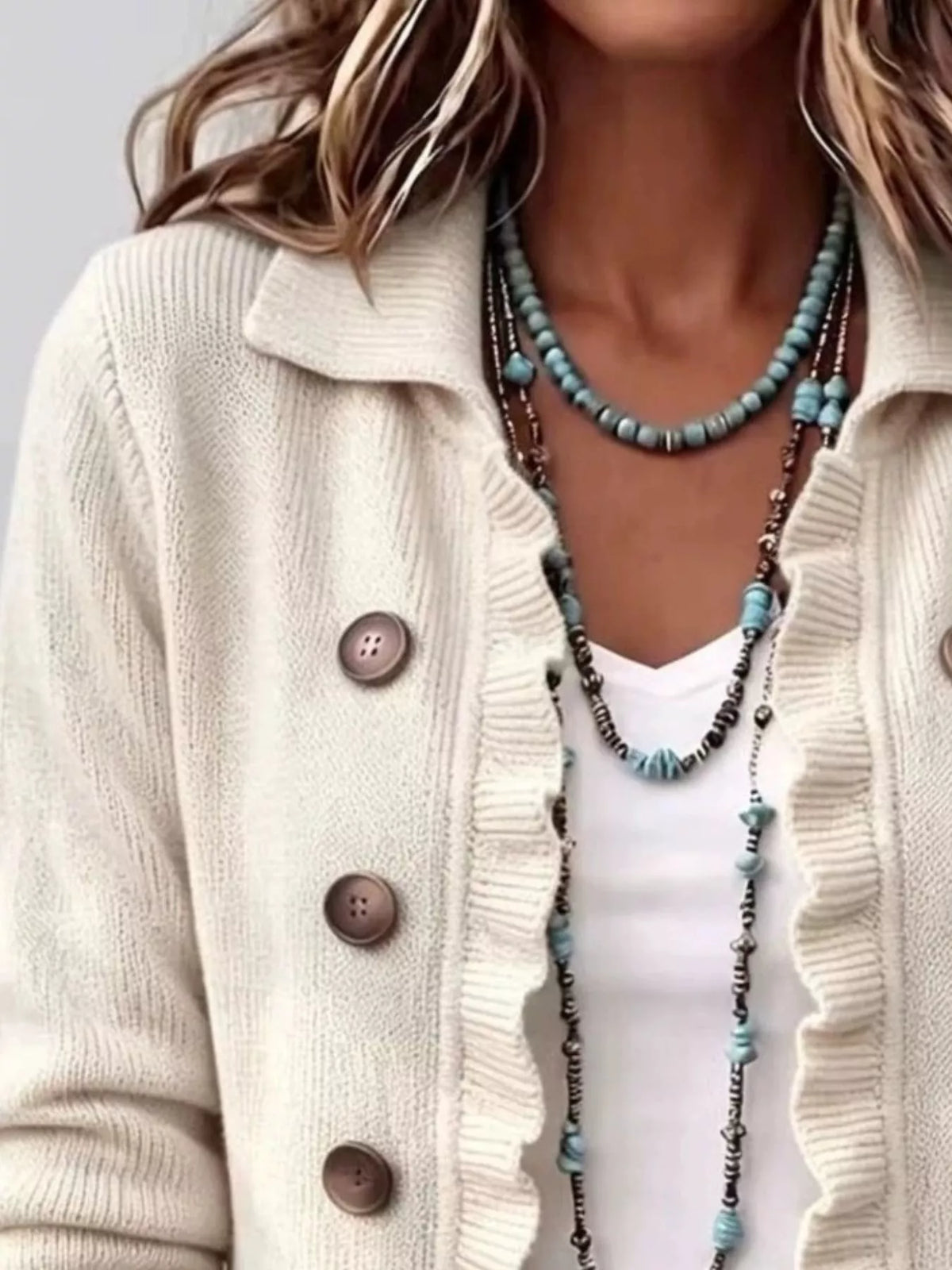 Full Size Ruffled Trim Decorative Button Cardigan Plus Size - Lilixa.store