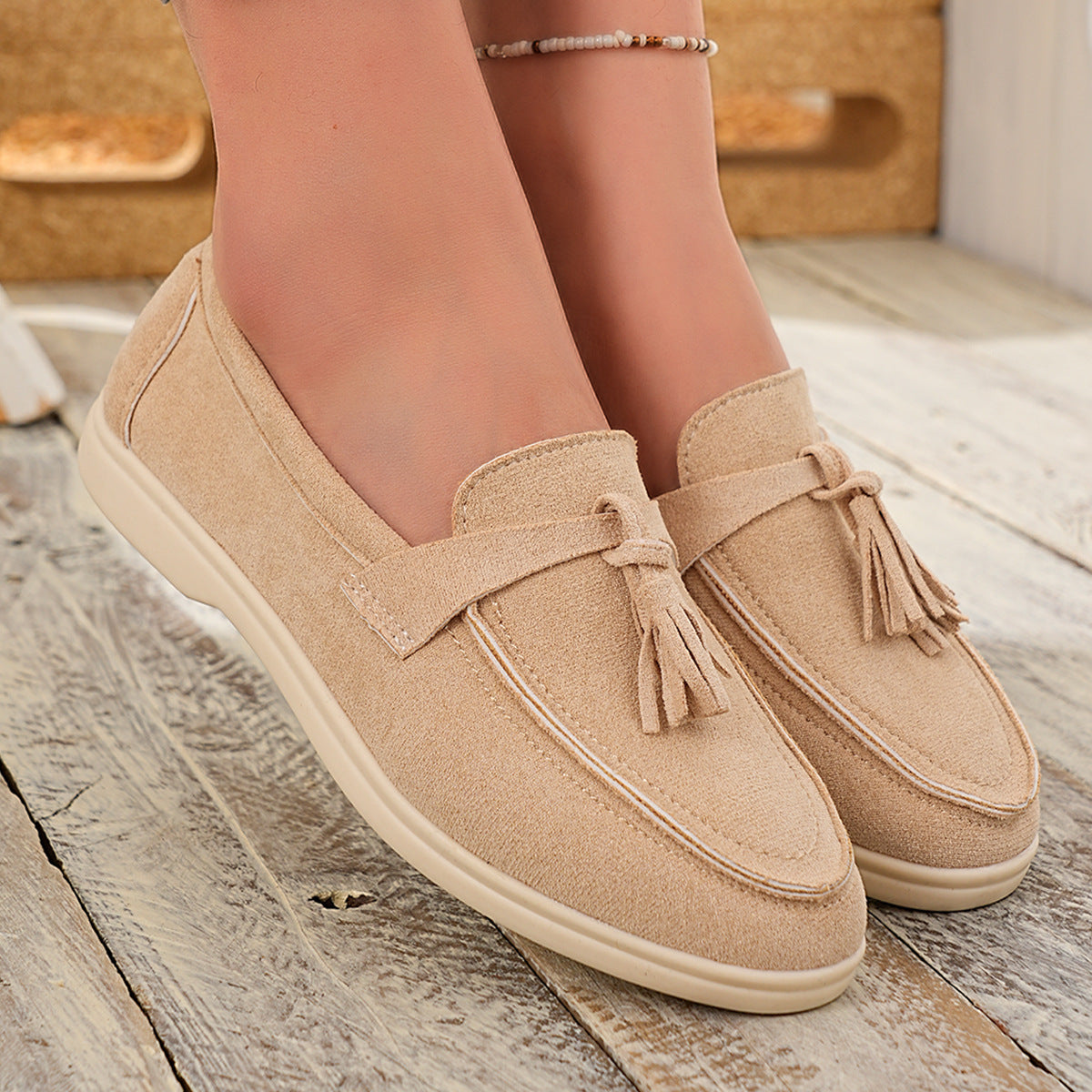 Tassel Round Toe Slip-Ons in Khaki