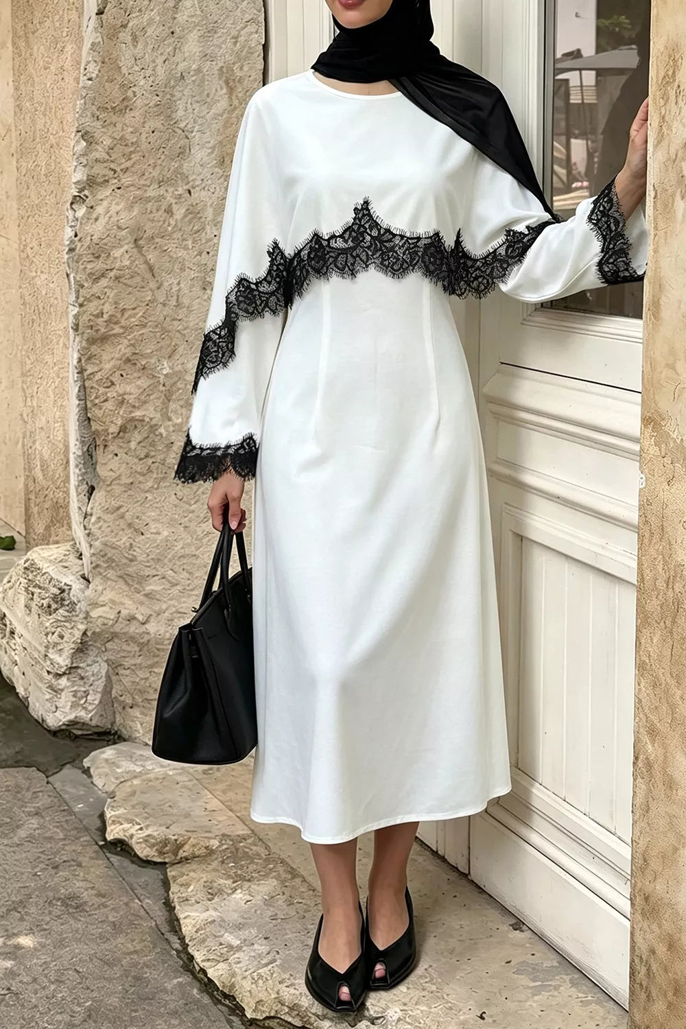 Lace Trim Round Neck Midi Dress - Lilixa.store