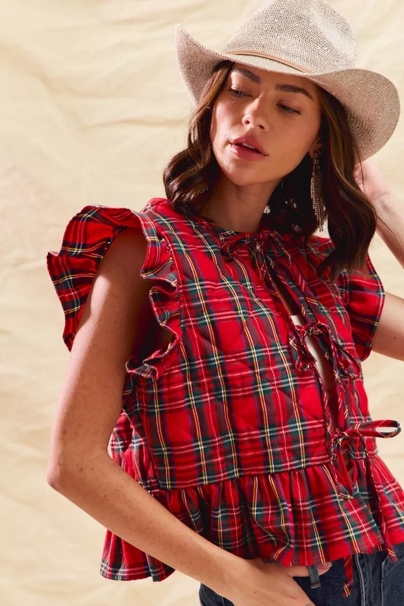 SO ME Christmas Holiday Plaid Ruffled Quilt Vest Top - Lilixa.store