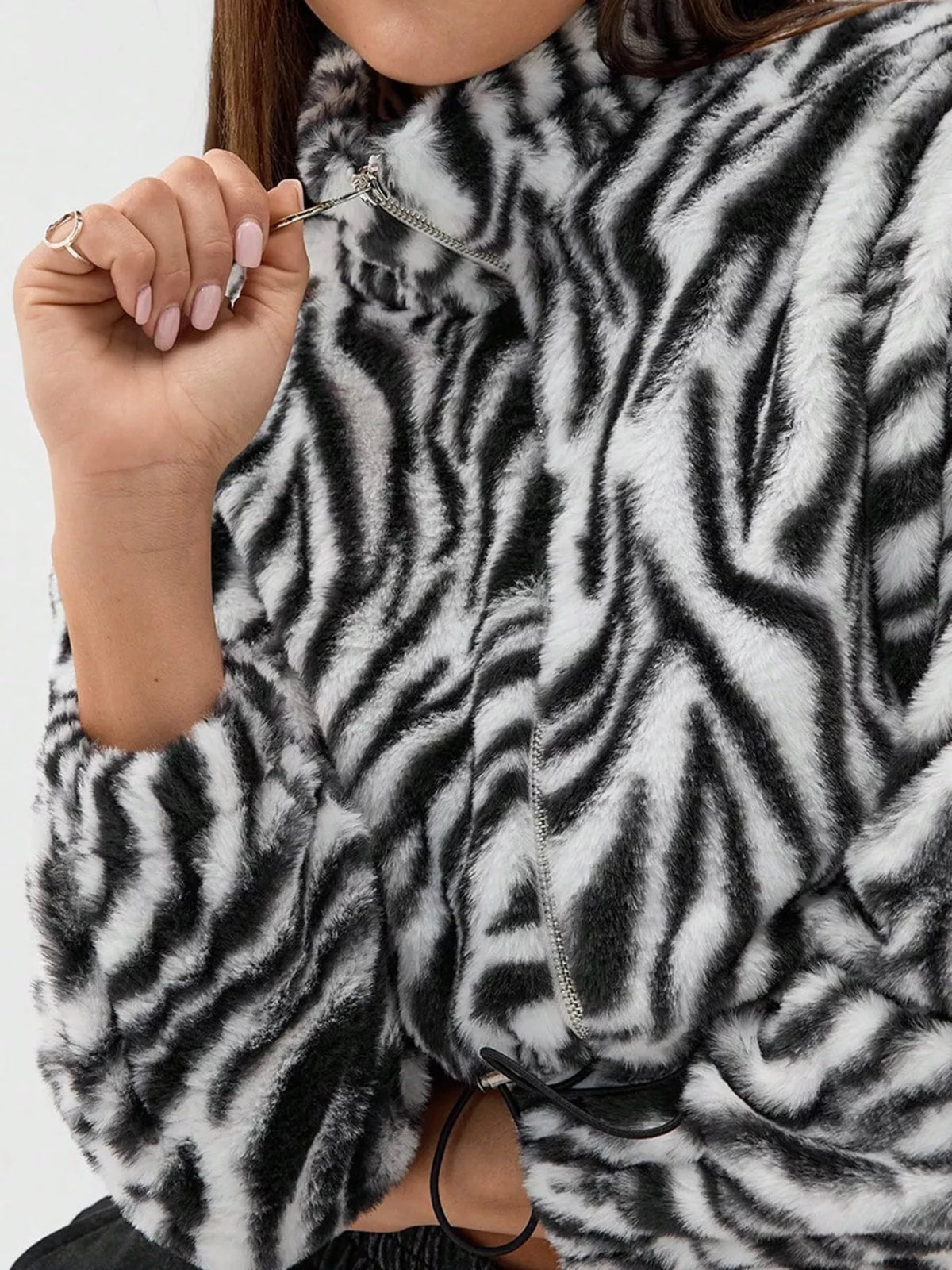 Zebra Print Plush Cropped Jacket in Black, view 5