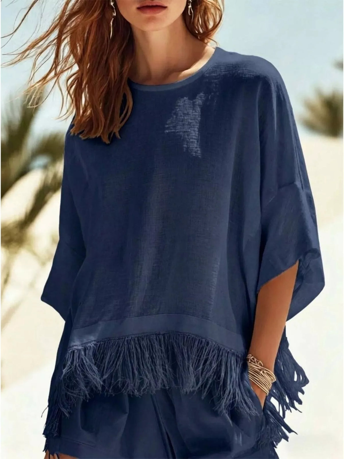 Fringed 3/4 Sleeve Blouse in Navy Blue