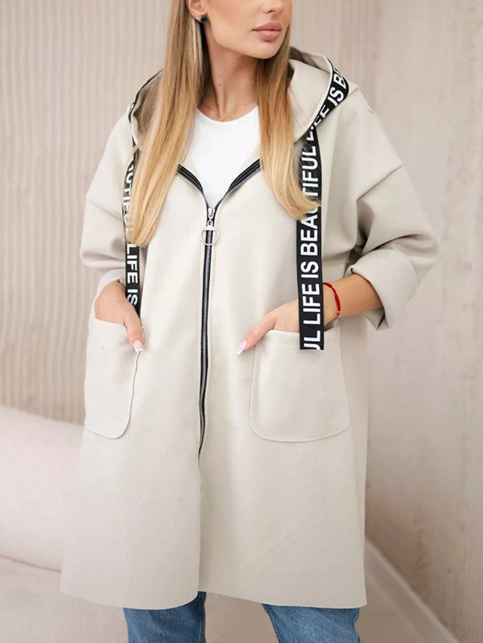 Full Size Hooded Zip-Up Longline Outerwear Plus Size in Gray/white