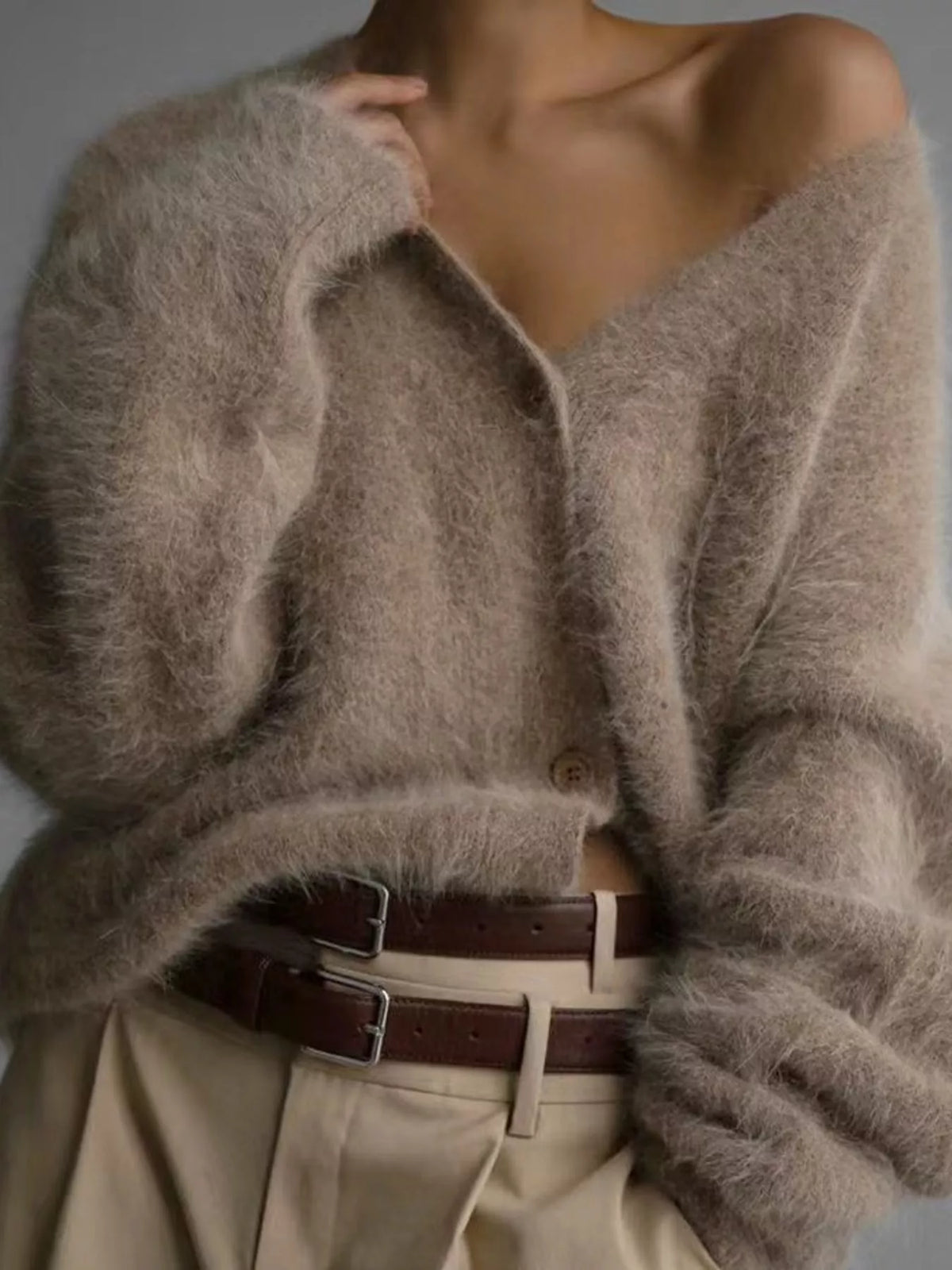 Fuzzy V-Neck Button-Down Cardigan, view 13