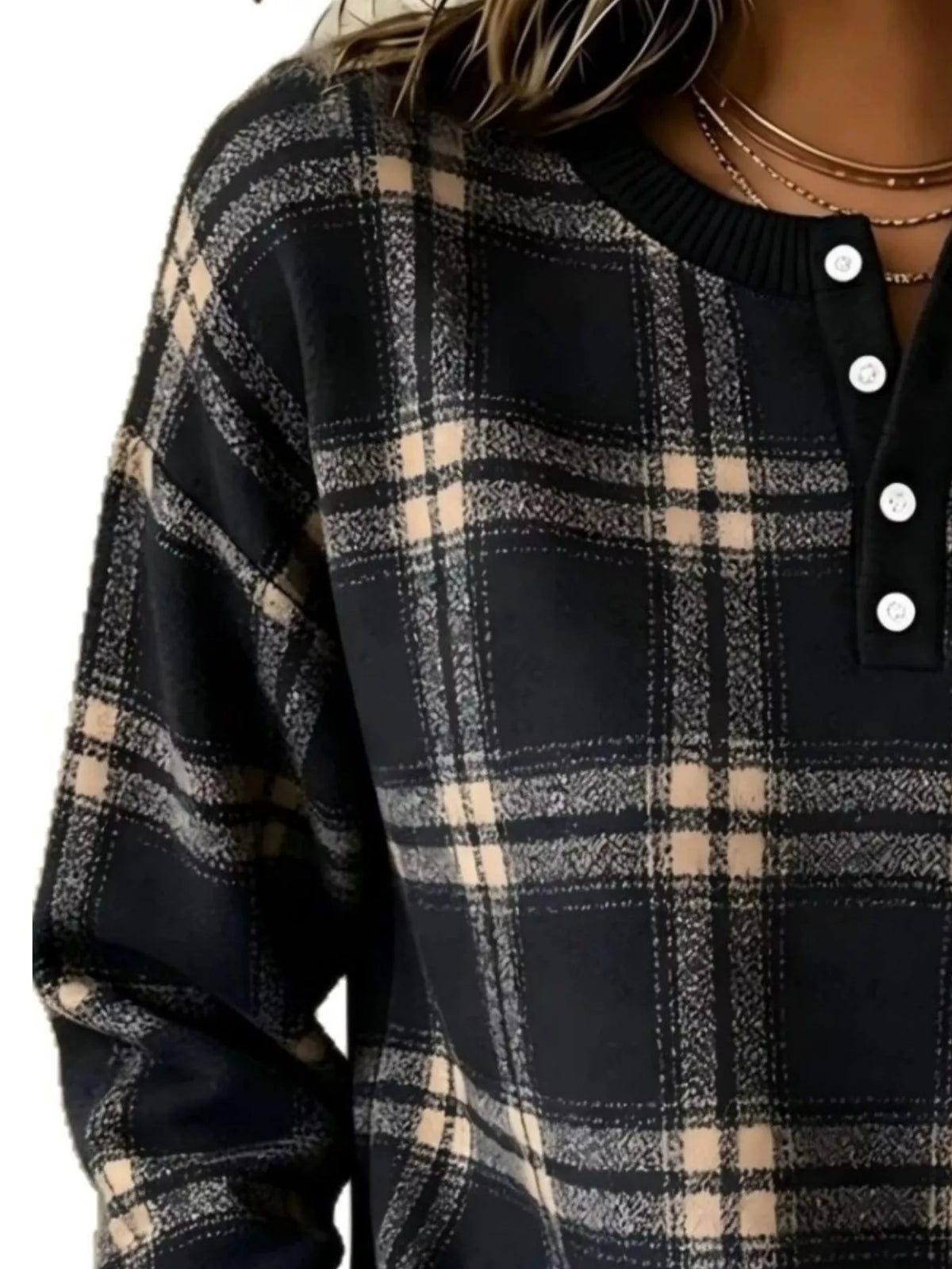 Full Size Plaid Button Detail Long Sleeve Sweatshirt Plus Size - Lilixa.store