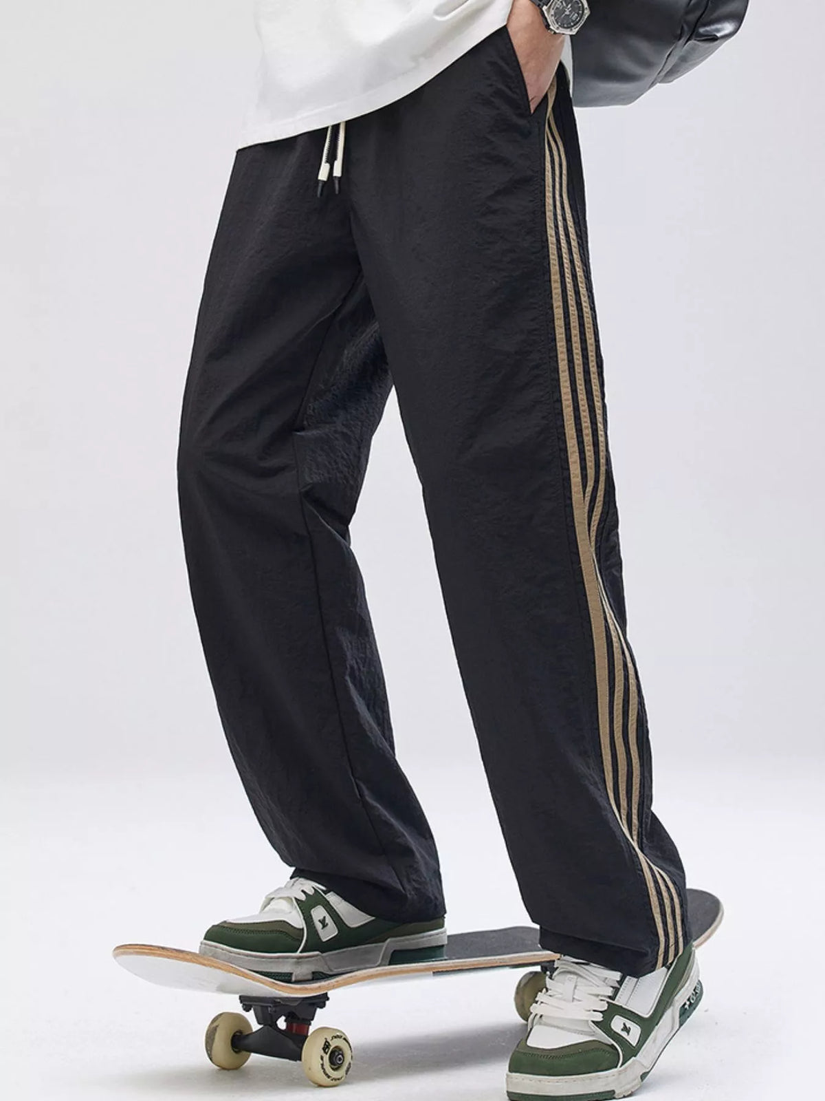 Men's Full Size Drawstring Wide Leg Pants with Side Striped Plus Size in Black