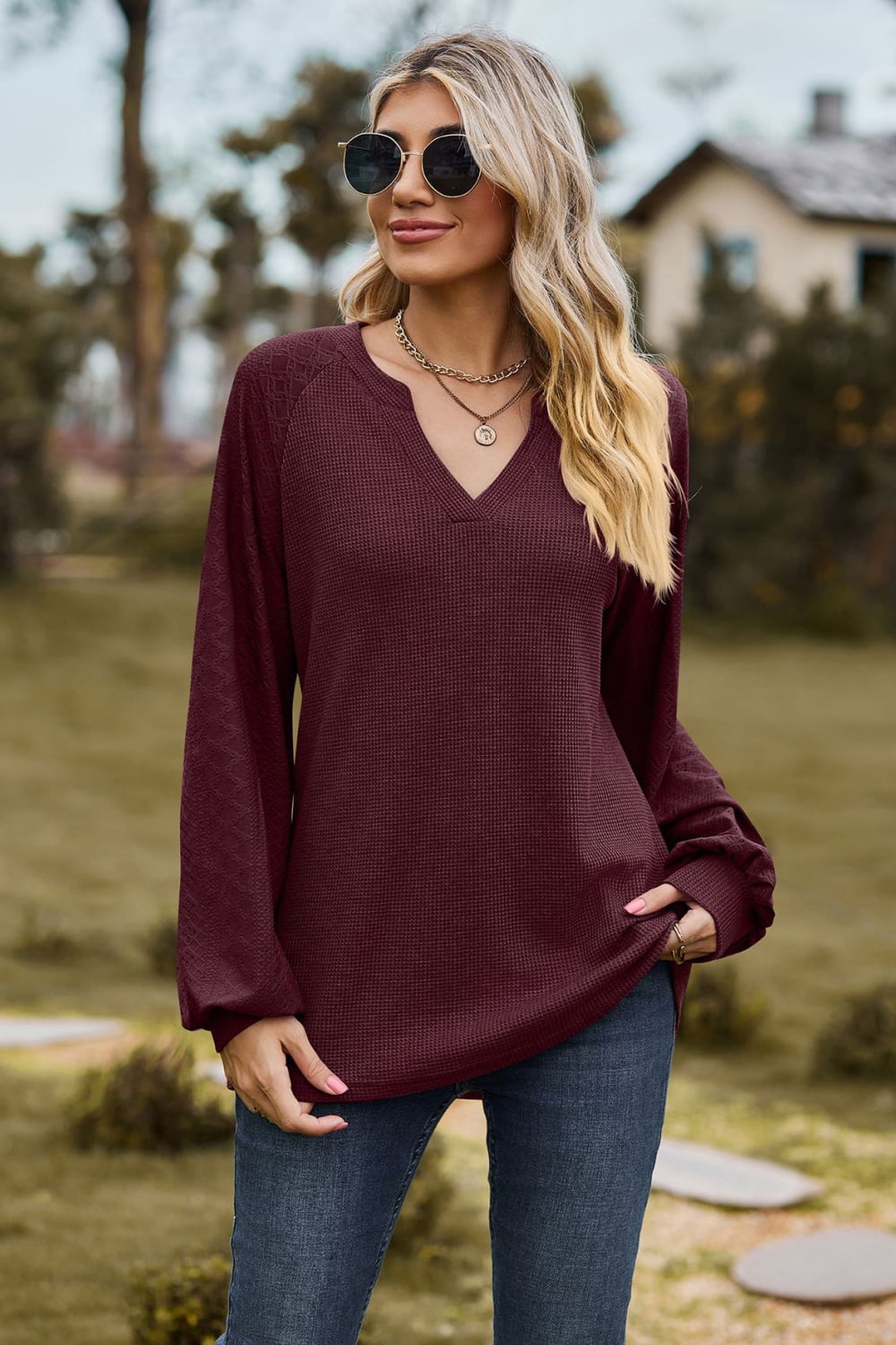 Notched Neck Raglan Sleeve Blouse, view 13