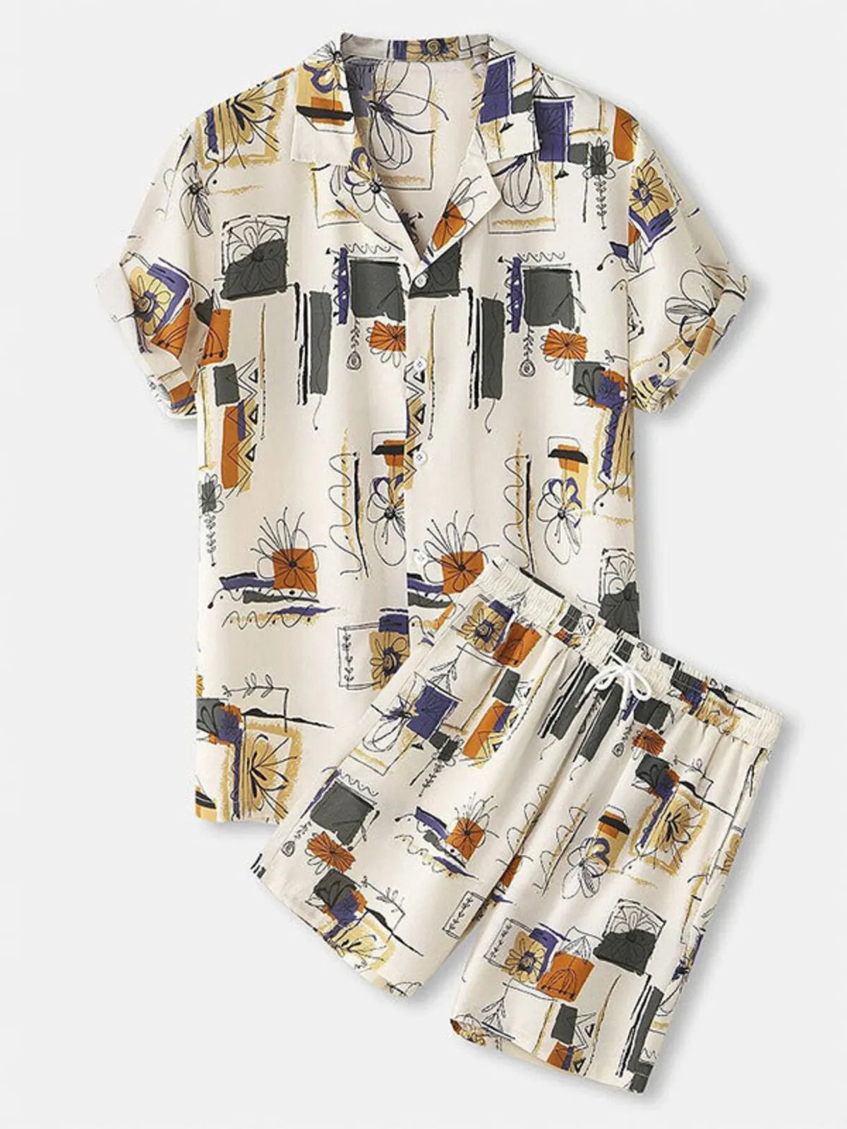 Men's Full Size Printed Button Up Shirt and Shorts Set Plus Size in Khaki