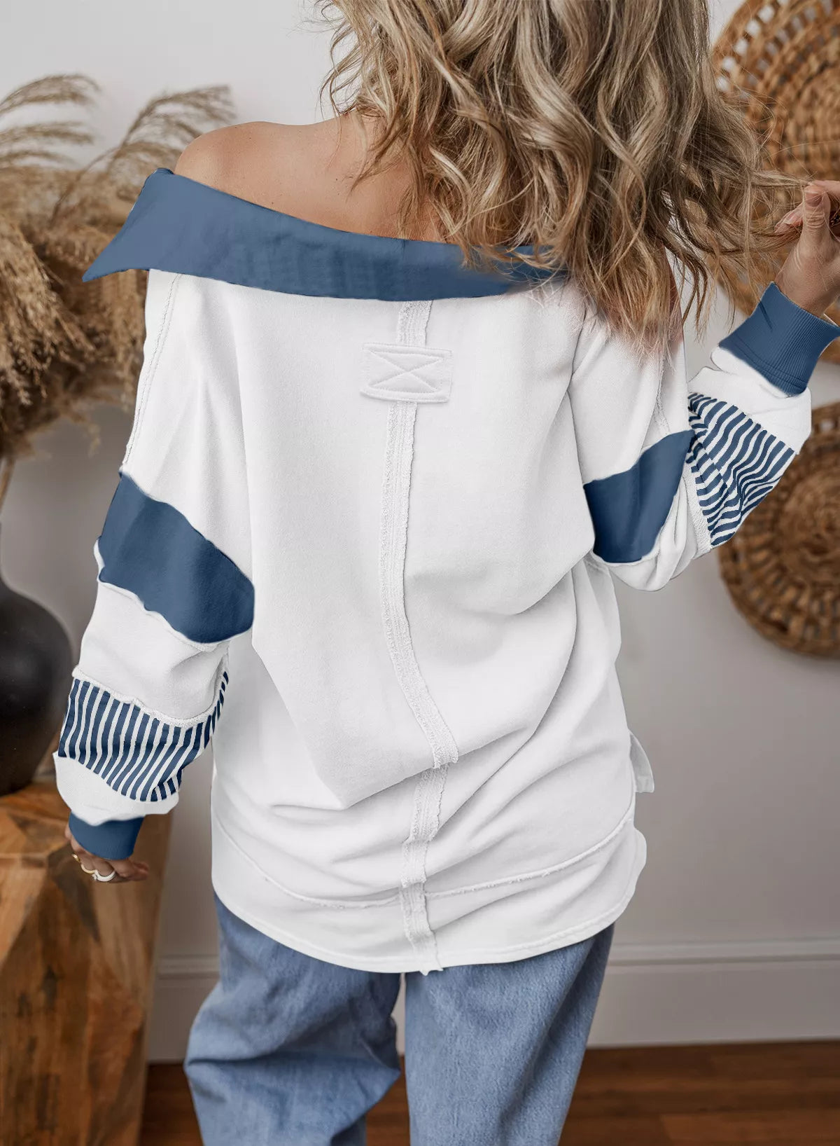 Color Block Striped Johnny Collar Sweatshirt - Lilixa.store