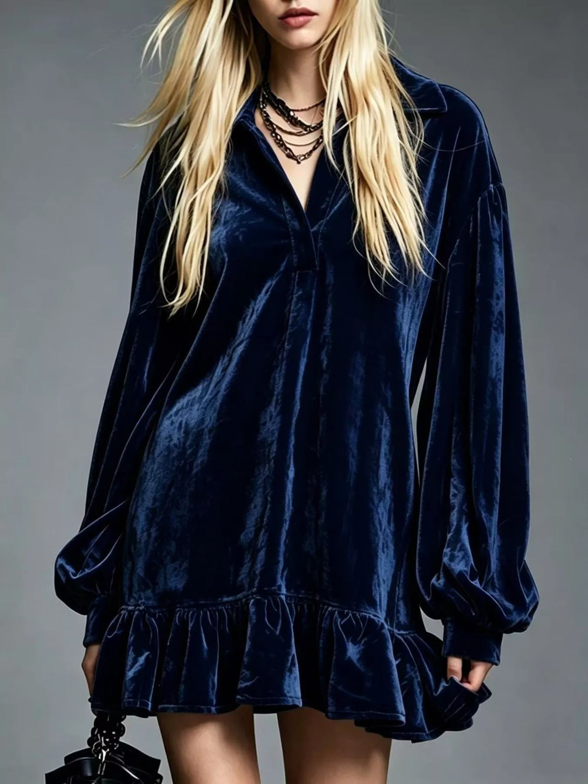 Full Size Velvet Long-Sleeve Ruffle Hem Mini Dress Plus Size