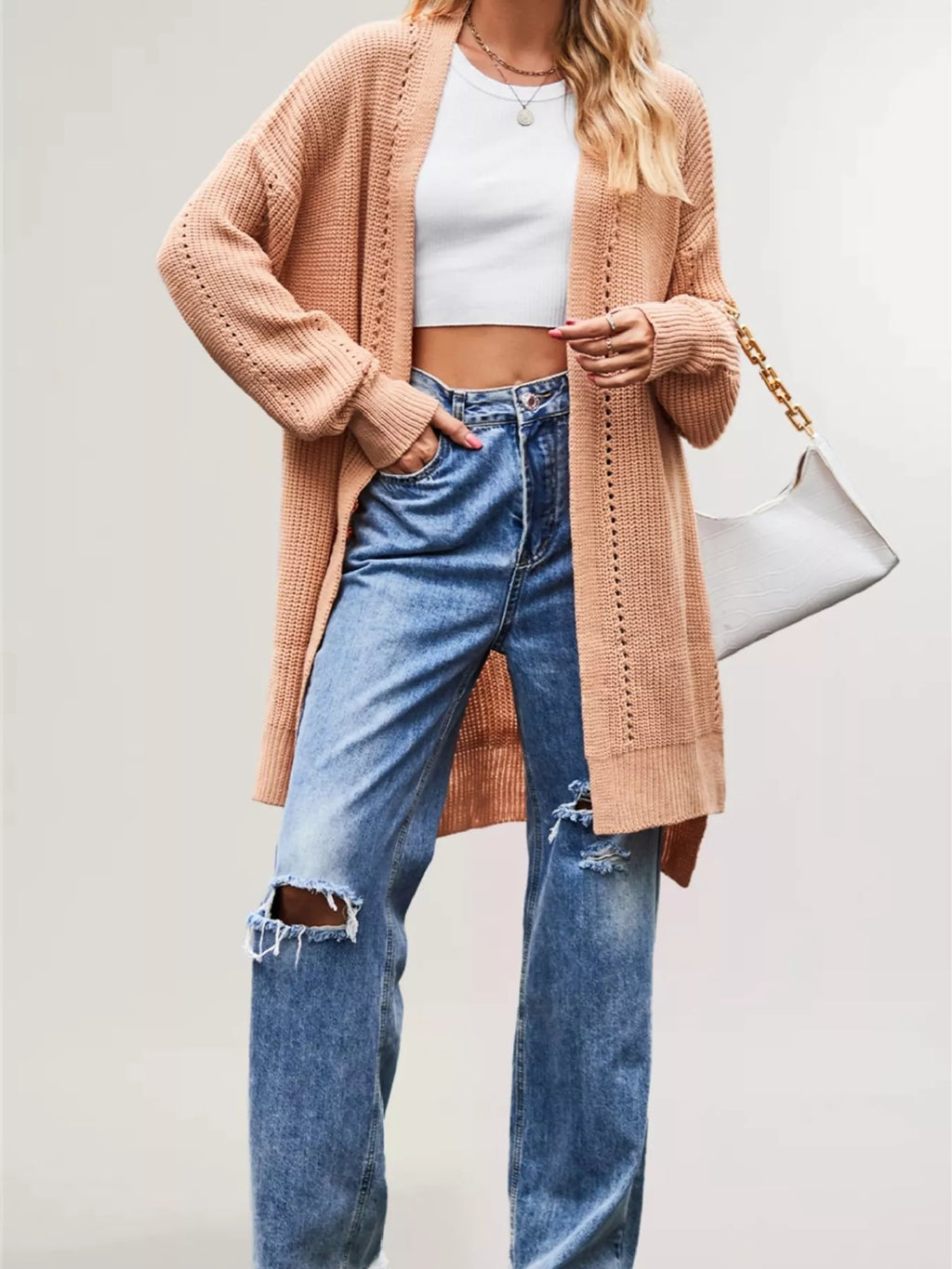 Open Front Openwork Knit Longline Cardigan - Lilixa.store