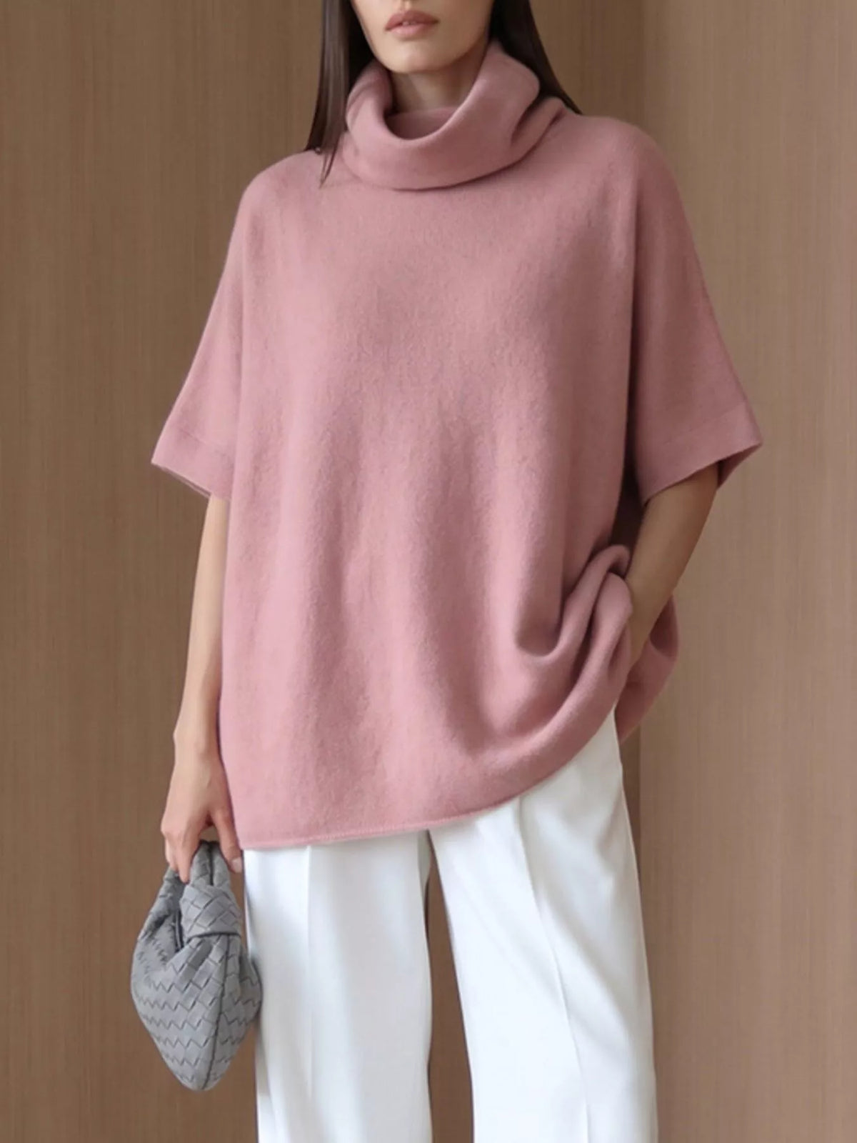 Turtleneck Fuzzy Short Sleeve Sweater, view 19