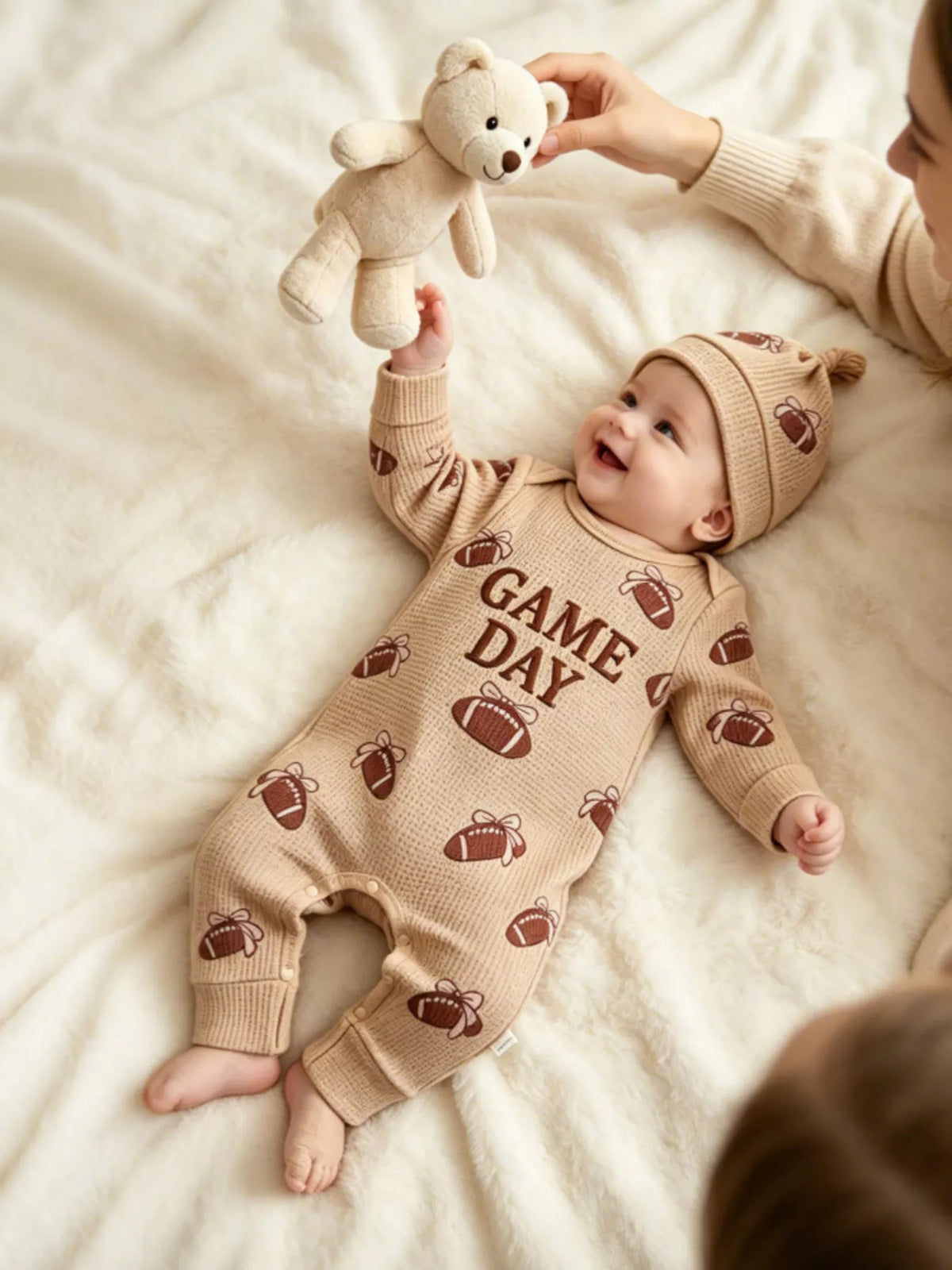 Children's Football Print Game Day Long Sleeve Jumpsuit and Hat Set - Lilixa.store
