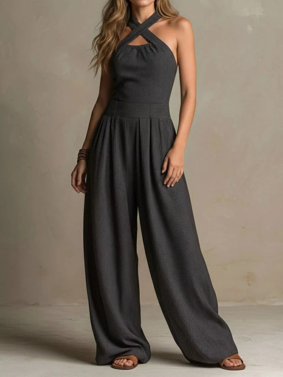 Full Size Halter Neck Wide-Leg Jumpsuit Plus Size in Dark Gray