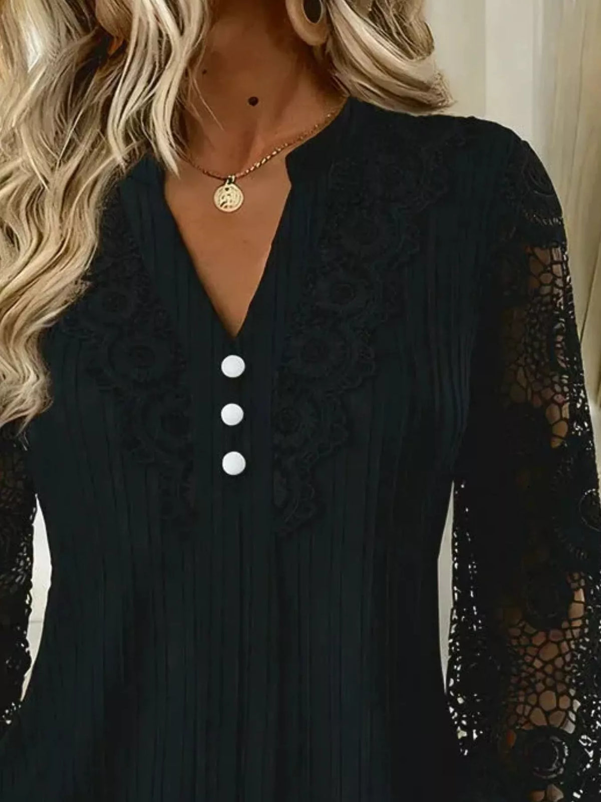 Lace Long Sleeve Notched Blouse - Lilixa.store