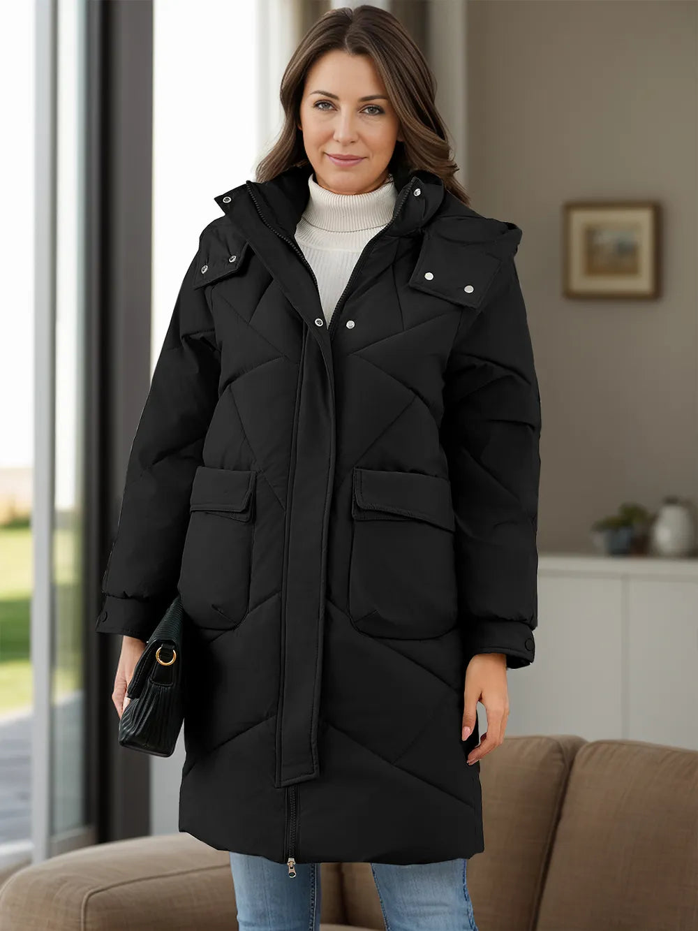 Long Sleeve Longline Hooded Winter Coat with Pockets - Lilixa.store