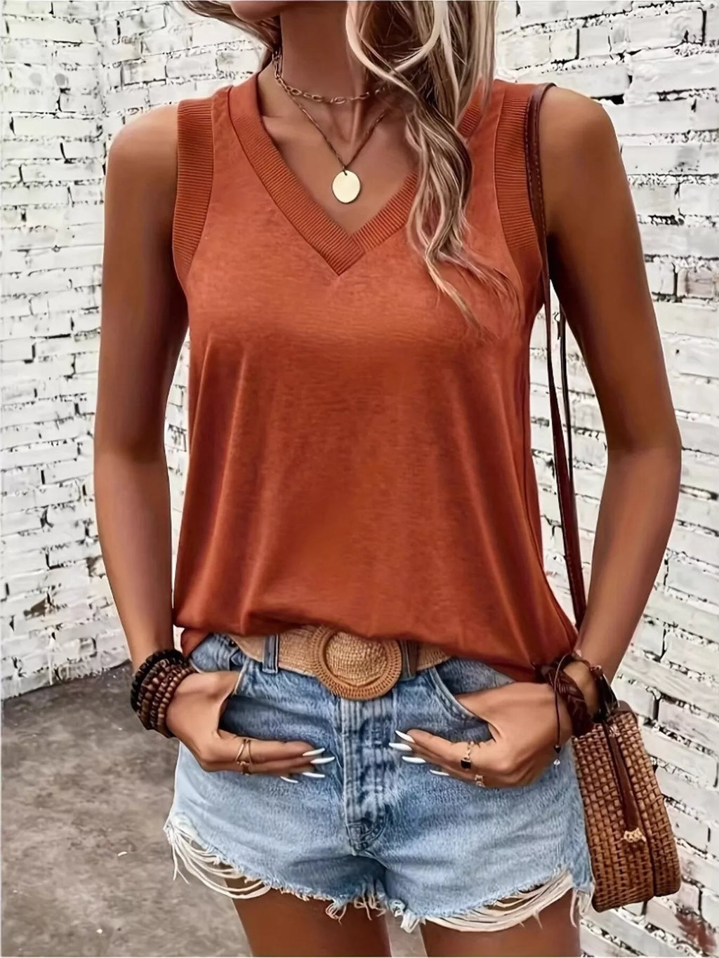 V-Neck Ribbed Trim Tank - Lilixa.store