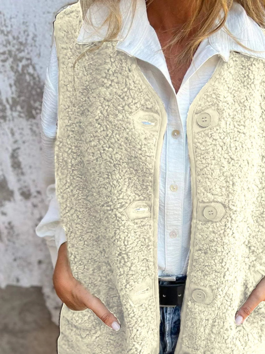 Full Size Cozy Sherpa Fleece Button-Up Vest Coat with Pockets Plus Size - Lilixa.store
