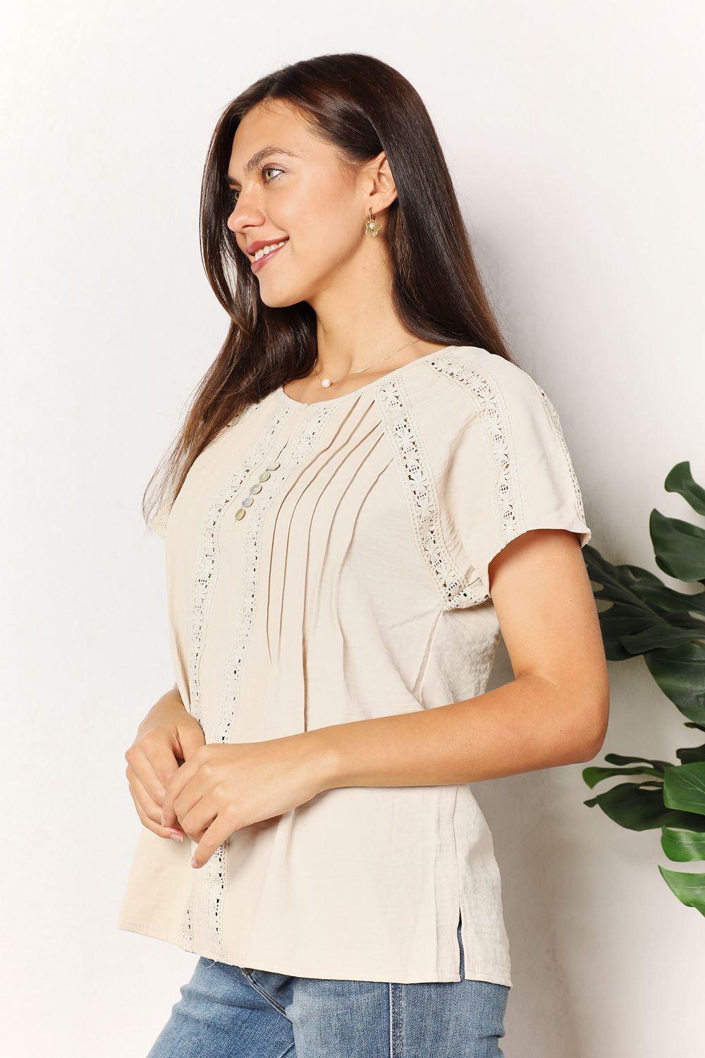 Double Take Crochet Buttoned Short Sleeves Top - Lilixa.store
