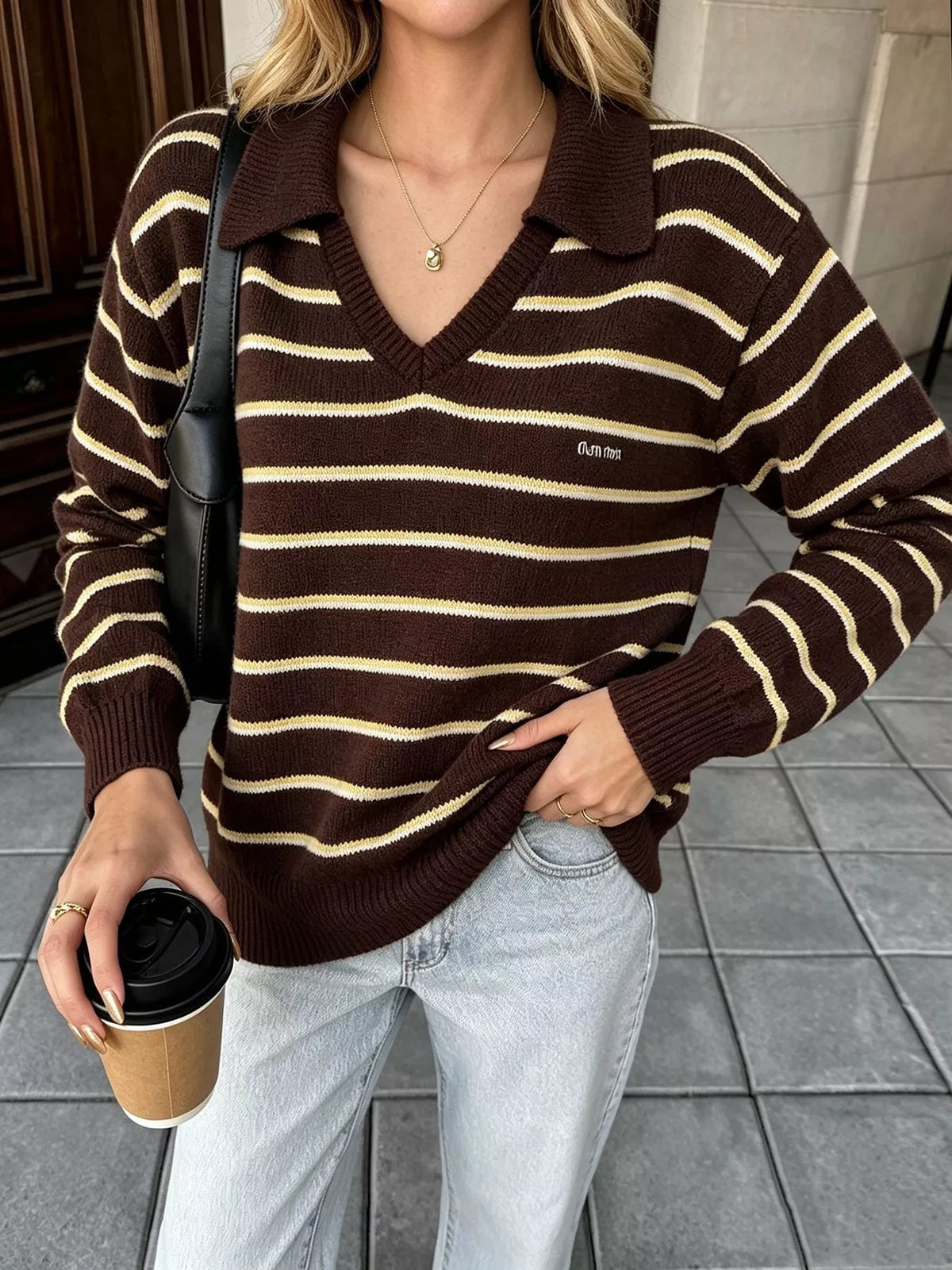 Vintage Striped Polo Collar Sweater in Brown