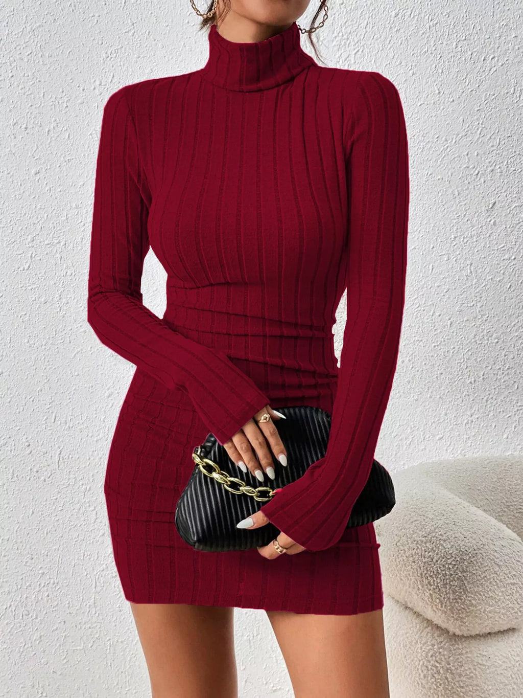 Turtleneck Ribbed Bodycon Knit Dress - Lilixa.store