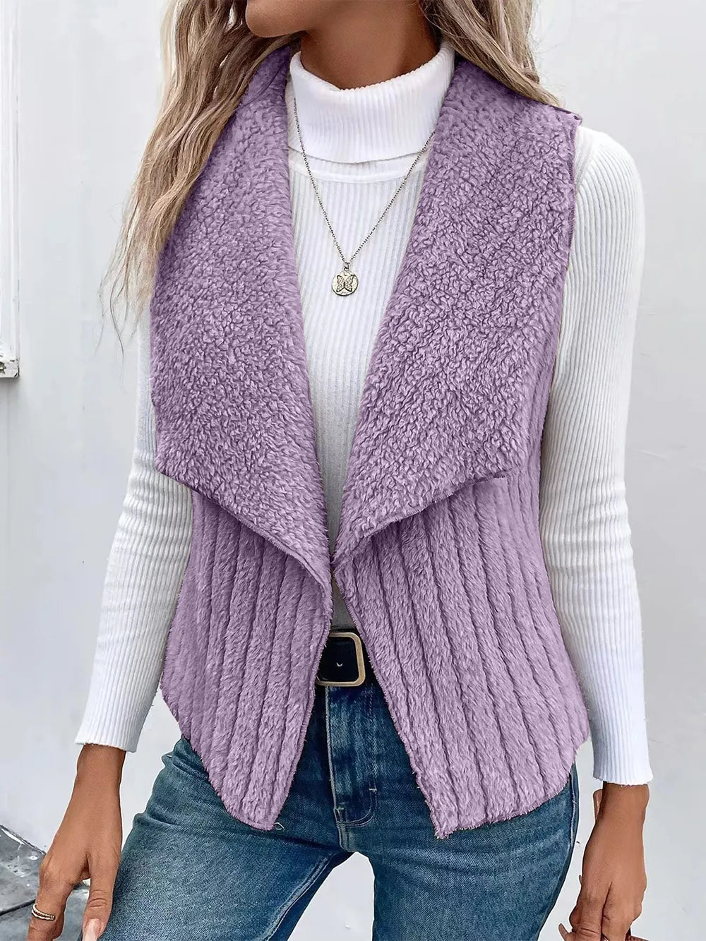 Open Front Fuzzy Vest Coat in Lilac