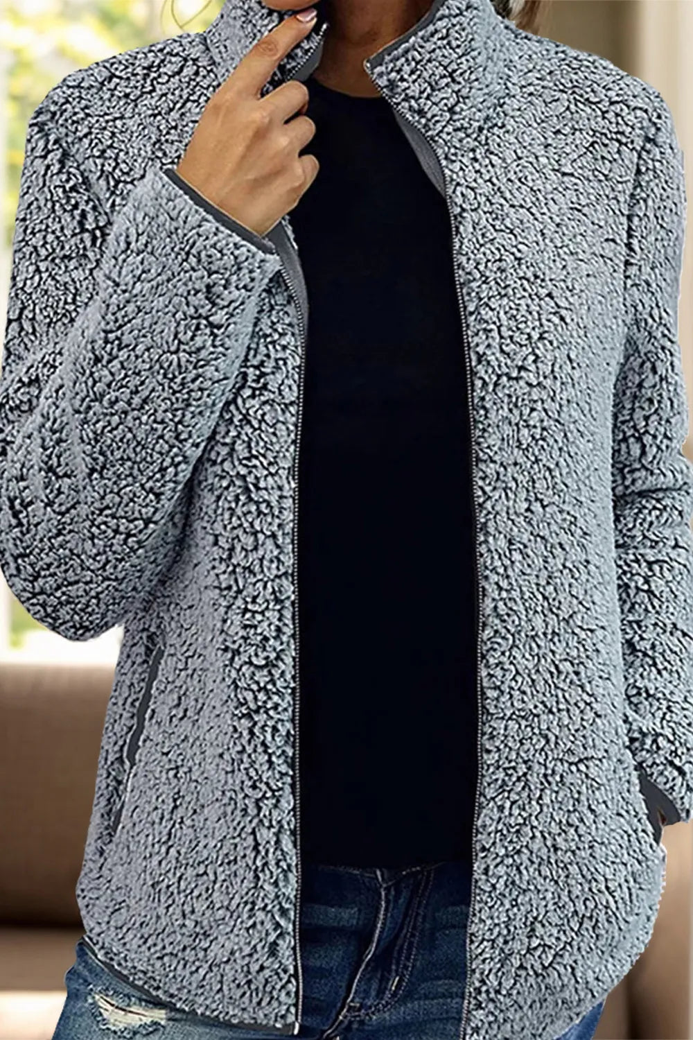 Pocketed Zip Up Turtleneck Jacket in Dark Gray