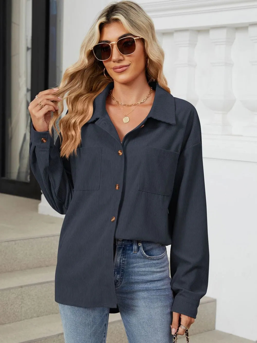 Button Up Dropped Shoulder Long Sleeve Outerwear - Lilixa.store