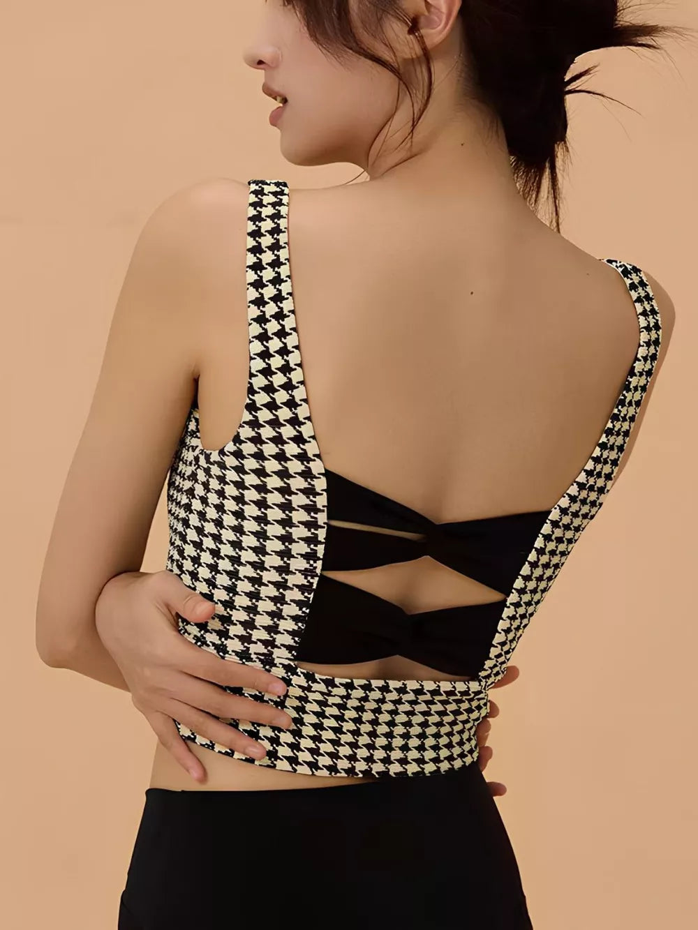 Crisscross Back Houndstooth Active Bra - Lilixa.store