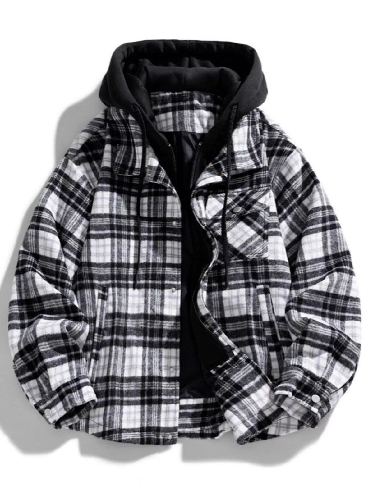 Men's Plus Size Drawstring Hooded Plaid Shirt Jacket - Lilixa.store