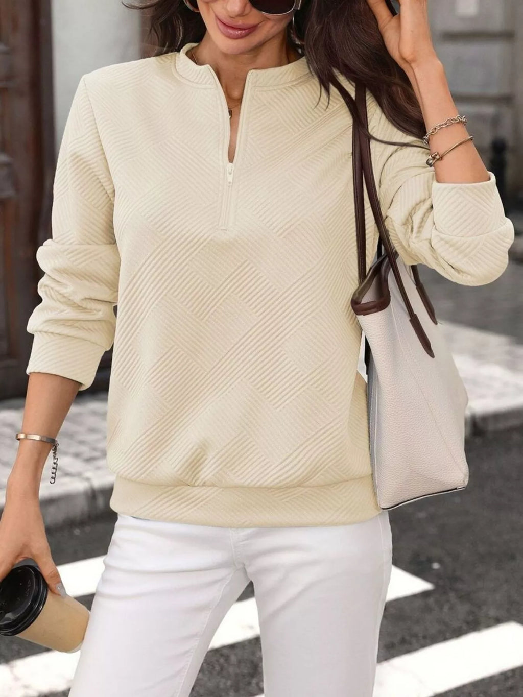 Textured Quarter-Zip Sweatshirt - Lilixa.store