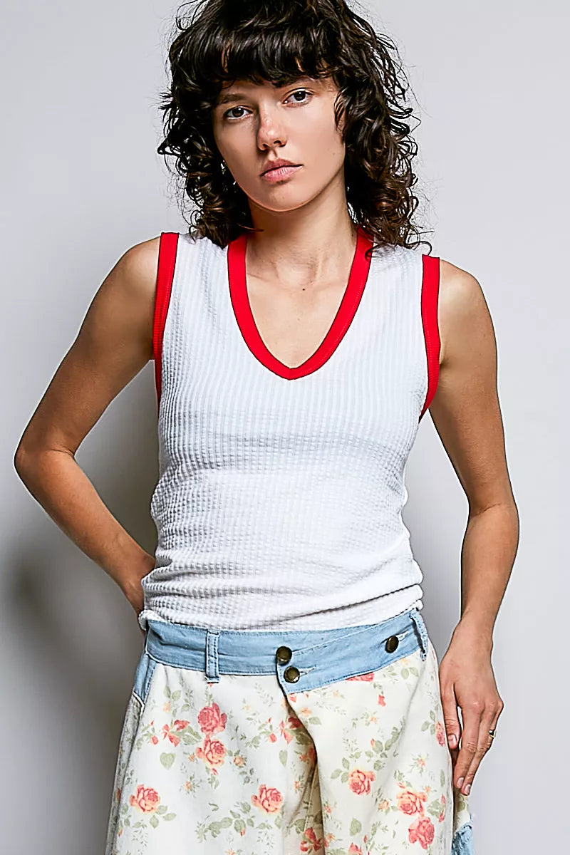POL V-Neck Contrast Ribbed Sleeveless Tank - Lilixa.store