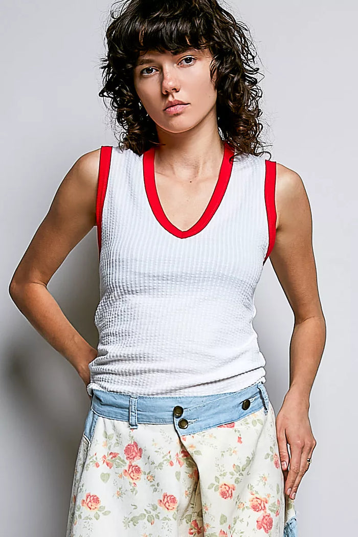 POL V-Neck Contrast Ribbed Sleeveless Tank - Lilixa.store
