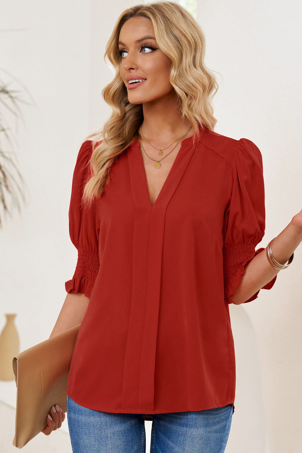 Smocked Flounce Sleeve Notched Neck Blouse, view 9