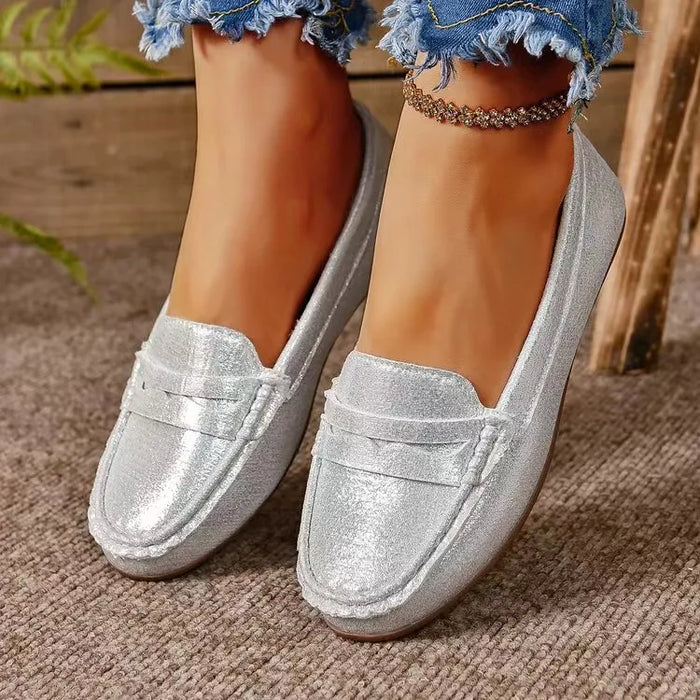 PU Leather Round Toe Flat Slip-Ons in Silver