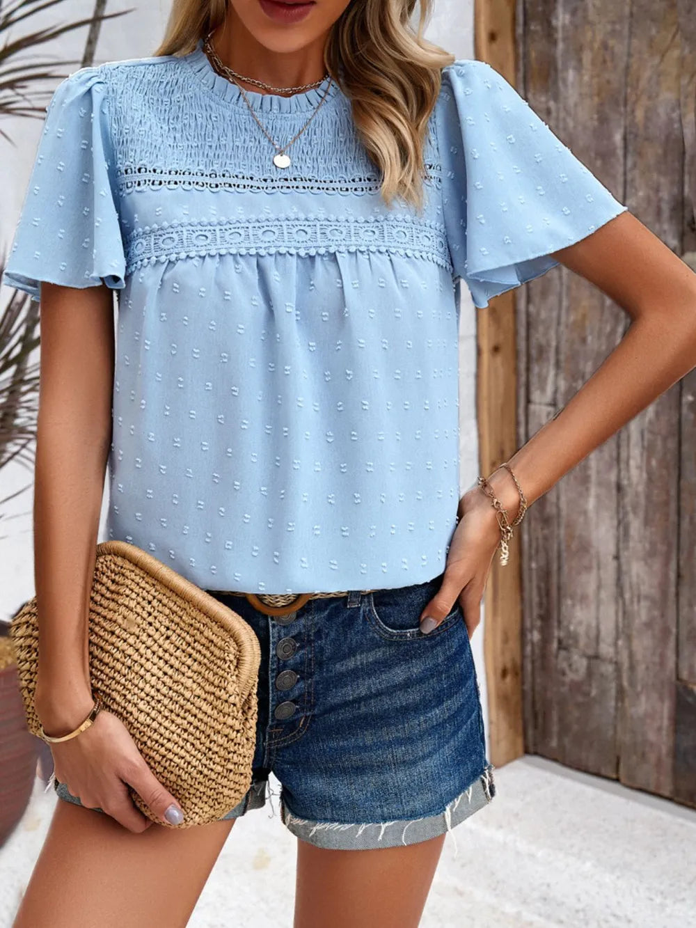 Devine Swiss Dot Smocked Round Neck Short Sleeve Blouse - Lilixa.store