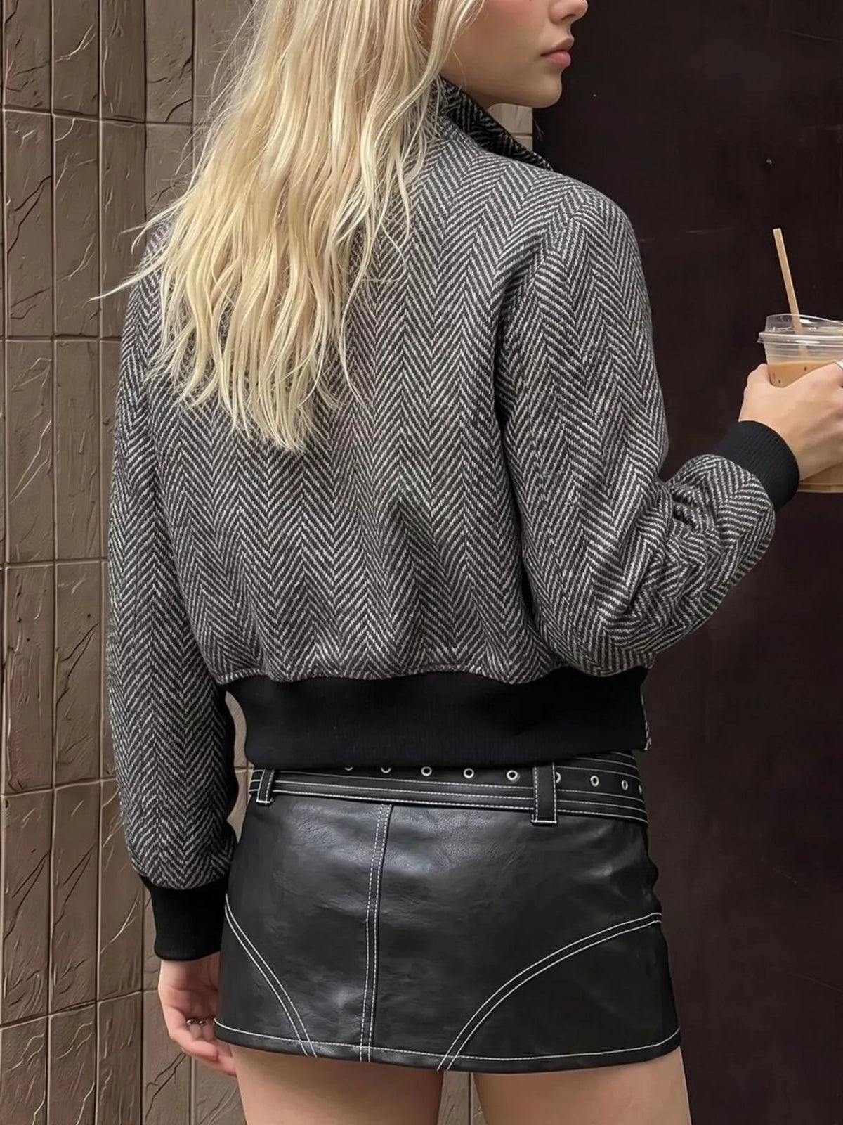 Herringbone Double-Breasted Cropped Outerwear - Lilixa.store
