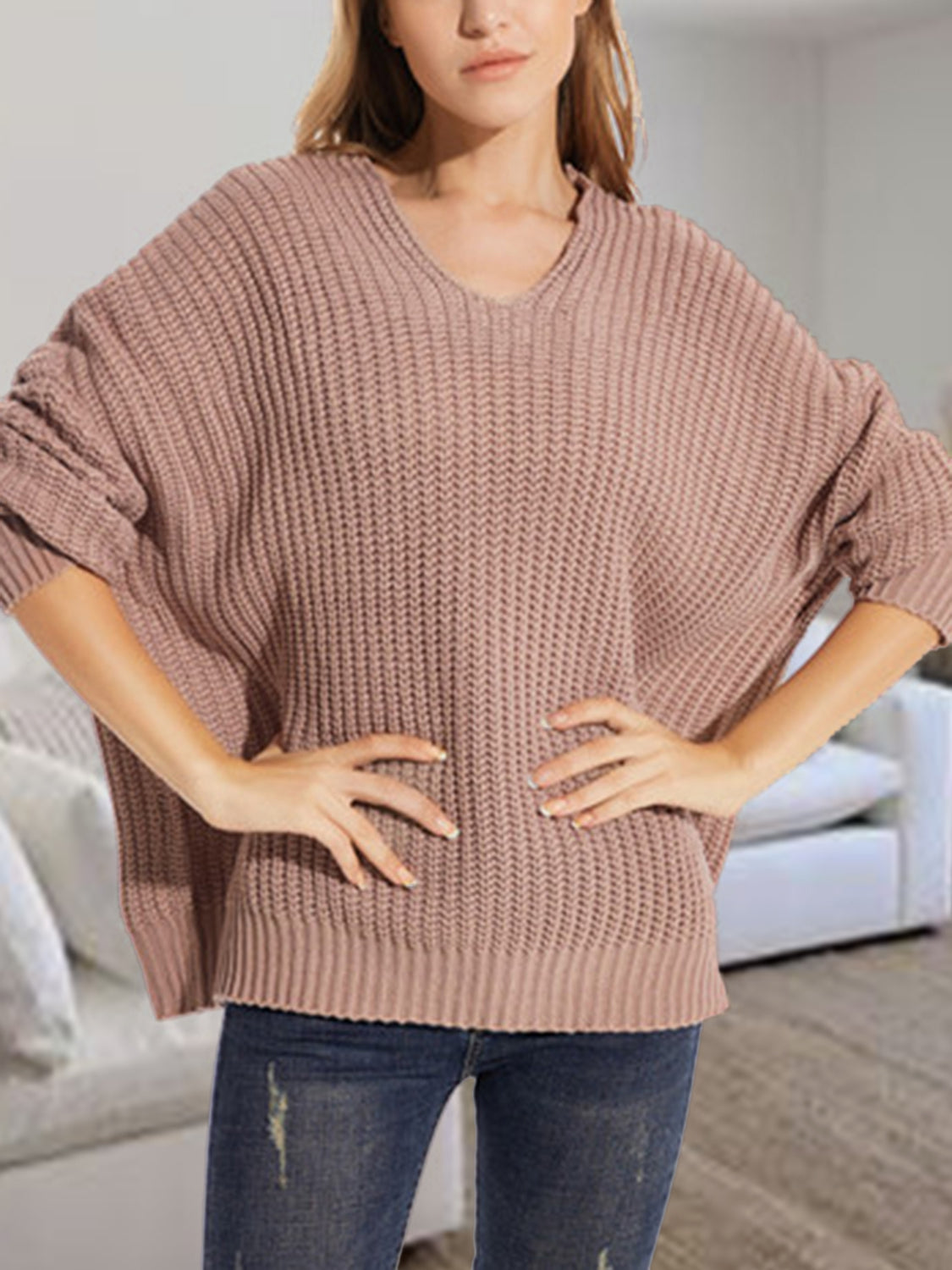 V-Neck Batwing Dropped Shoulder Sweater, view 2