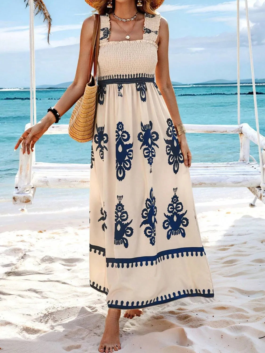 Smocked Printed Wide Strap Maxi Dress, view 12